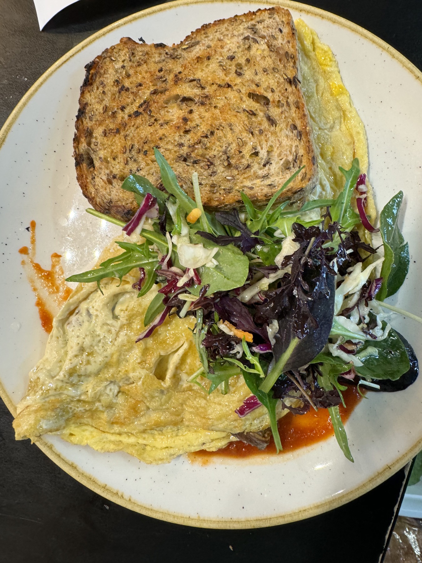 Omelette, toast and garden salad